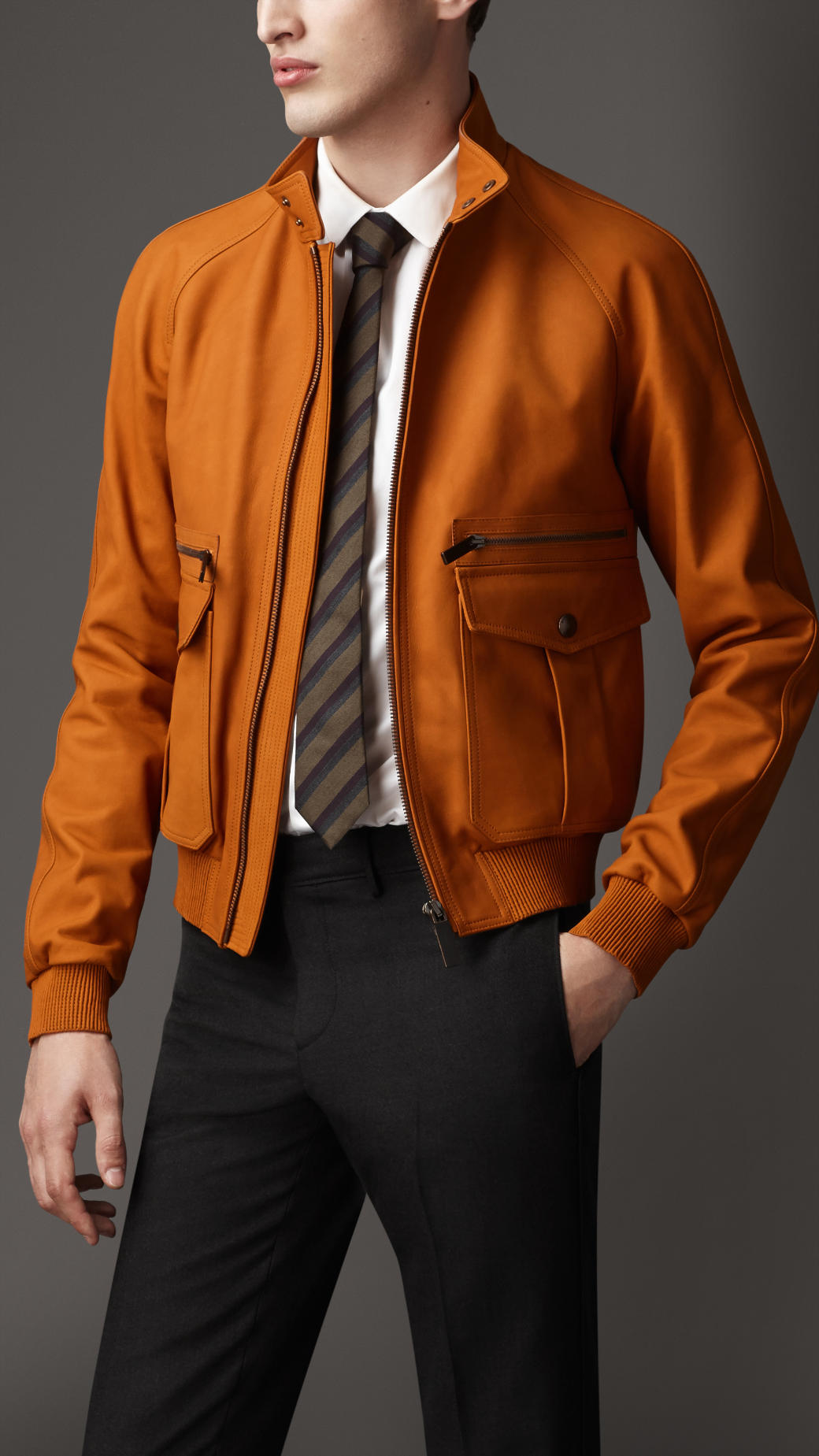 Lyst - Burberry Leather Bomber Jacket in Orange for Men