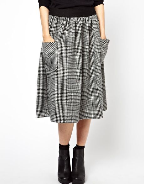 Asos Asos Midi Skirt in Tweed Check with Pockets in Gray (Grey) | Lyst
