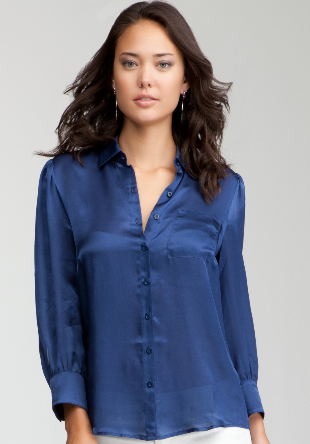 Bebe Simple Satin Silk Button Up Blouse in Blue | Lyst