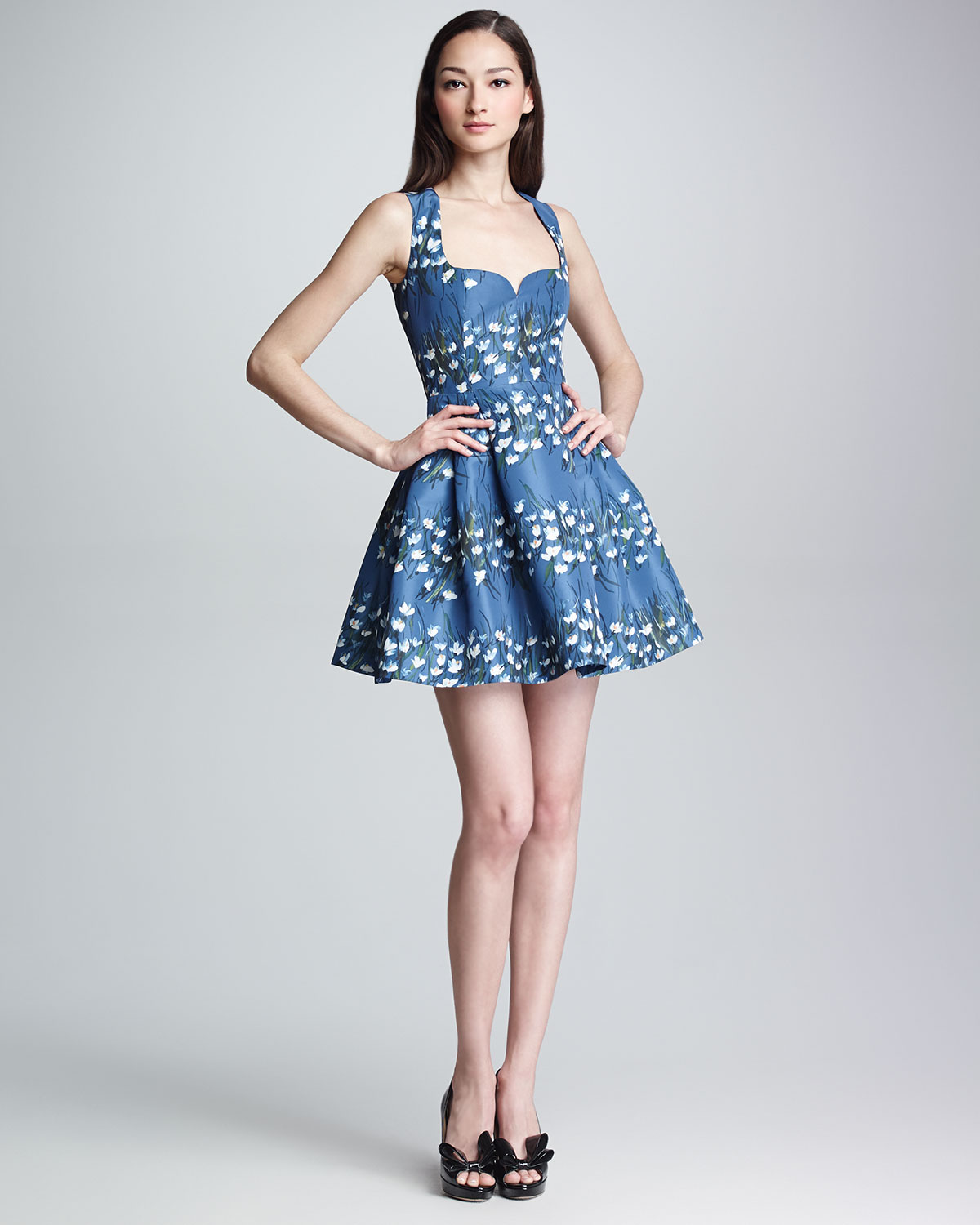 Lyst Red Valentino Sweetheartneck Fl Fitandflare Dress Blue Gallery