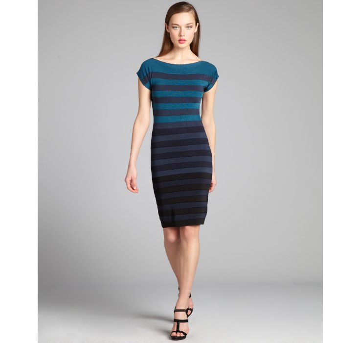 Lyst - French Connection Teal and Black Striped Jersey Knit New Ribbon Bandage Dress in Blue