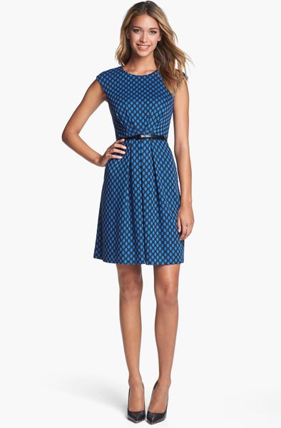 Maggy London Jacquard Ponte Fit Flare Dress in Blue (Black/ Blue)