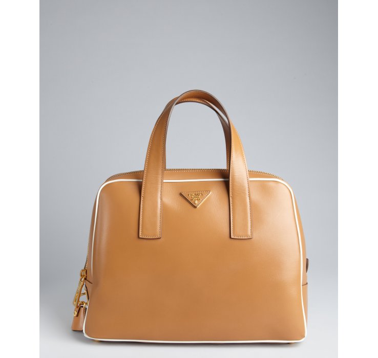 Prada Tan Leather Logo Top Handle Bowler Bag in Brown (tan) | Lyst  