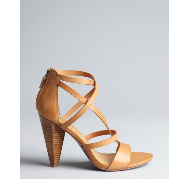 Lyst - Rebecca Minkoff Camel Leather Strappy Matty Stacked Heel Sandals ...