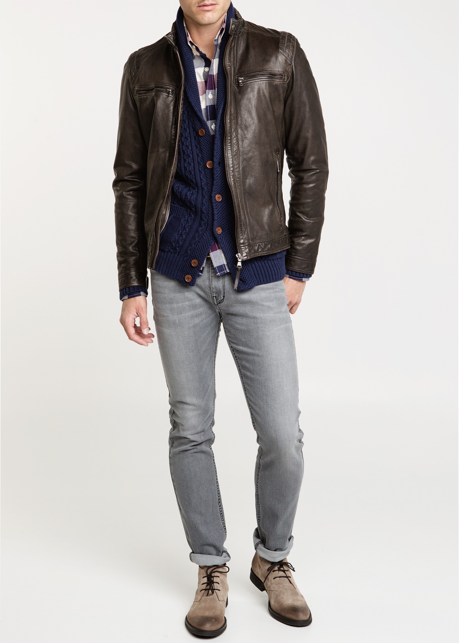 Bugatchi Leather Jacket Bugatchi Leather Jacket With Woven Front Panel In Brown For Men Lyst