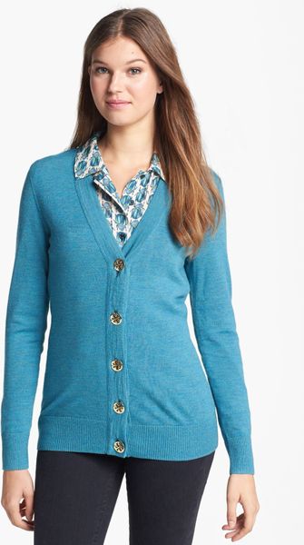 Tory Burch Simone Cardigan in Blue (Teal Slate Melange) | Lyst