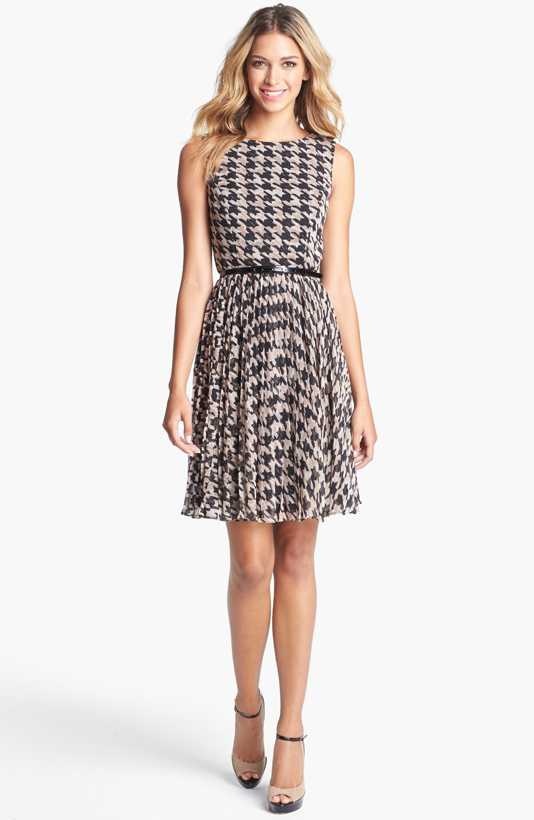 Adrianna Papell Burnout Houndstooth Fit Flare Dress in Brown (Black ...