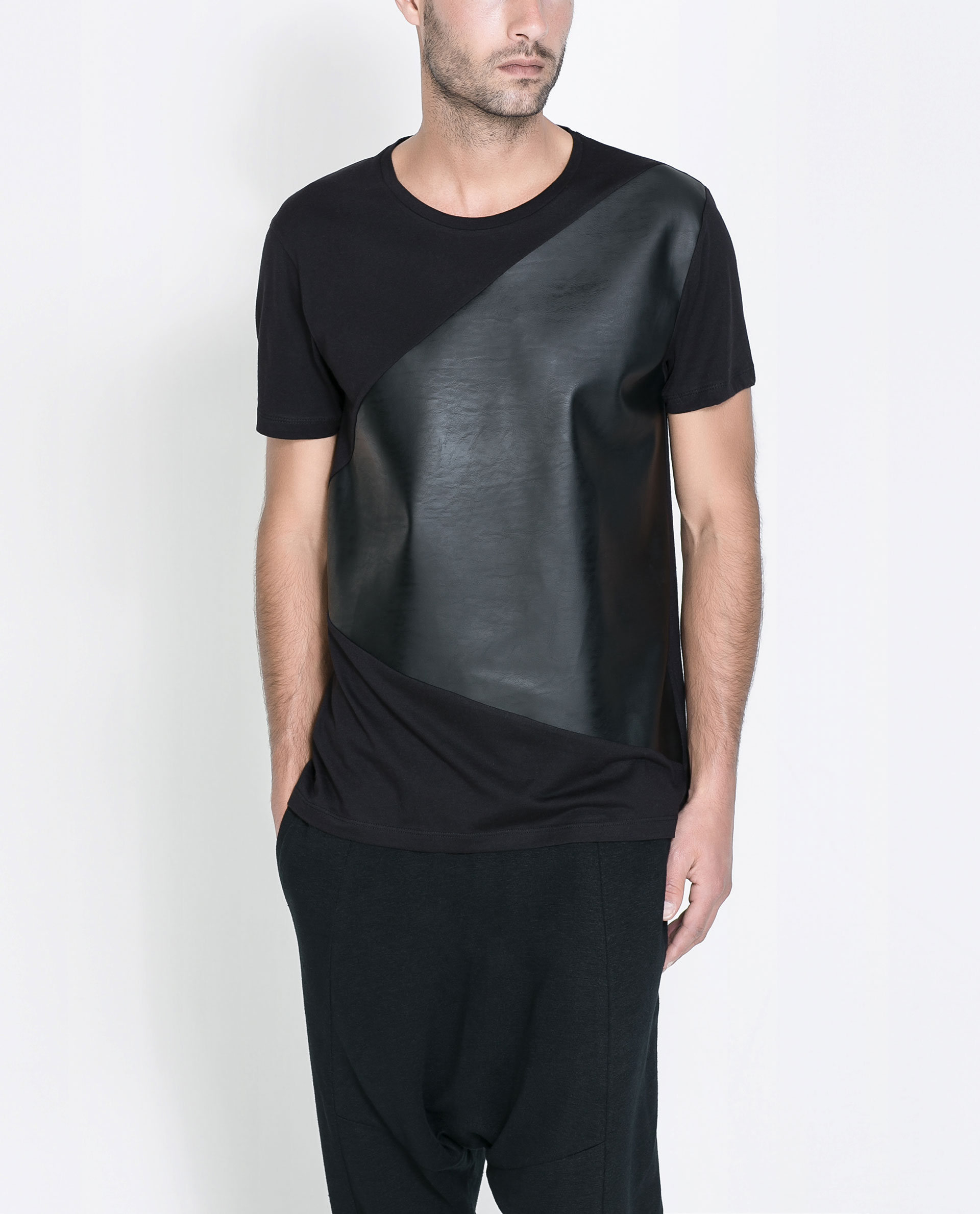 Zara Tshirt with Faux Leather Appliqué in Black for Men | Lyst