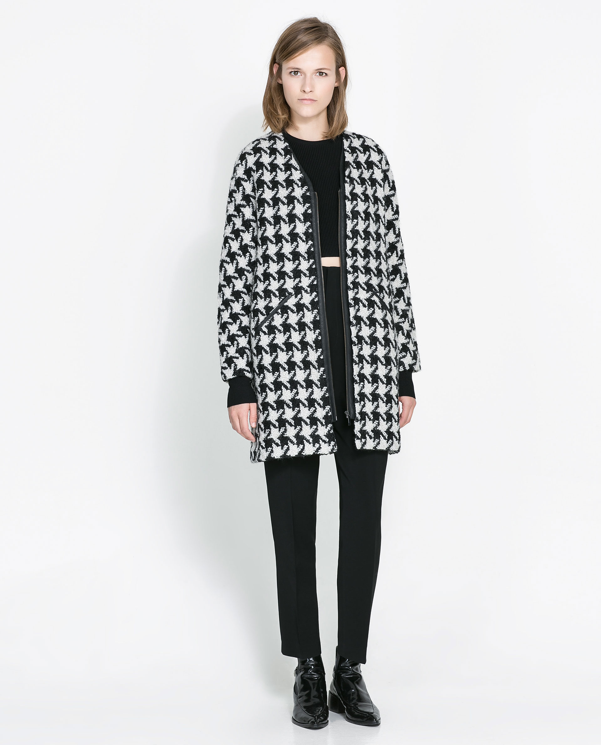 Zara Houndstooth Coat in Black | Lyst