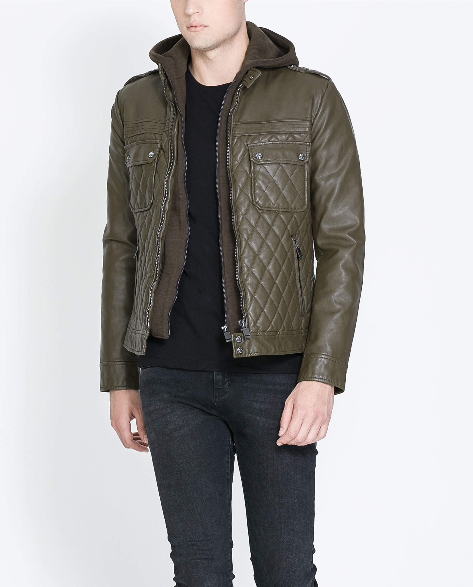 Zara Faux Leather Jacket With Circular Hood In Green For Men Lyst Gallery