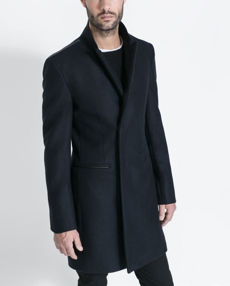 Zara Contrasting Faux Leather Over Coat in Blue for Men (Navy blue) | Lyst