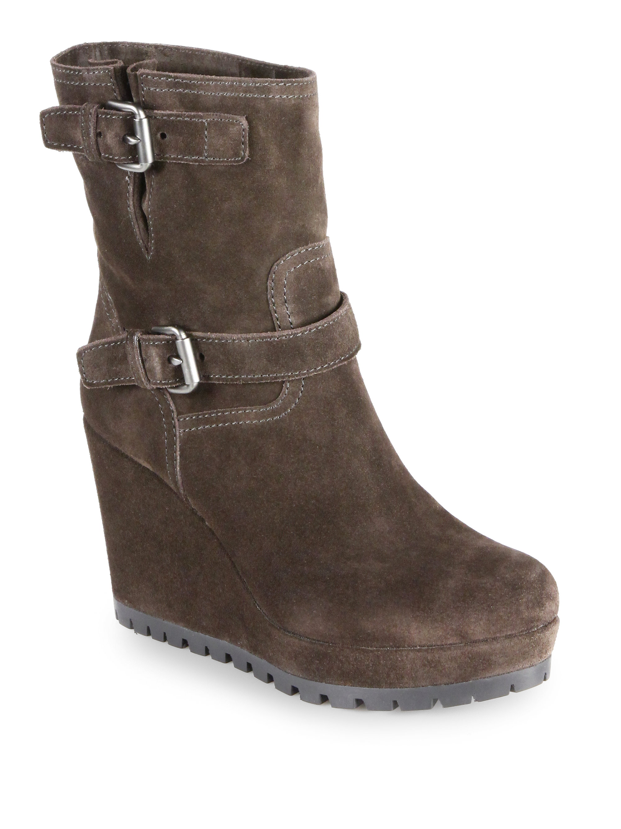 Prada Suede Doublebuckle Midcalf Wedge Boots in Gray (MORO-BROWN) | Lyst