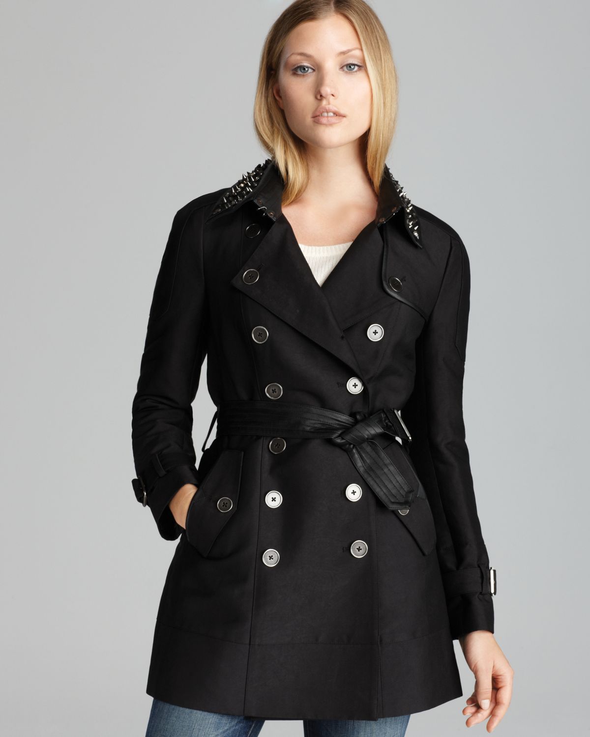 Sam edelman Trench Coat Kendrix Spiked Collar in Black | Lyst