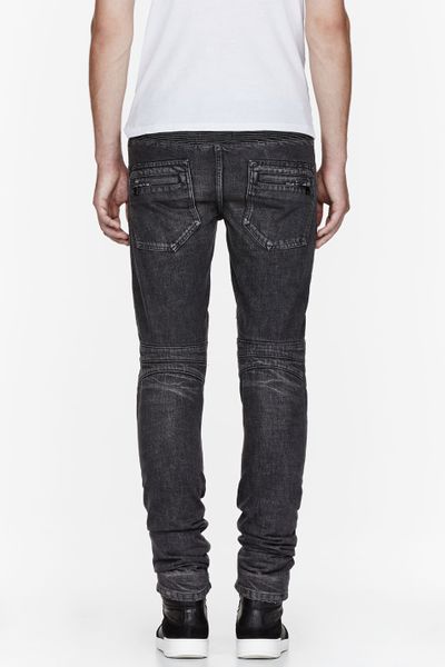 Balmain Washed Black Distressed and Ribbed Biker Jeans in Gray for Men ...