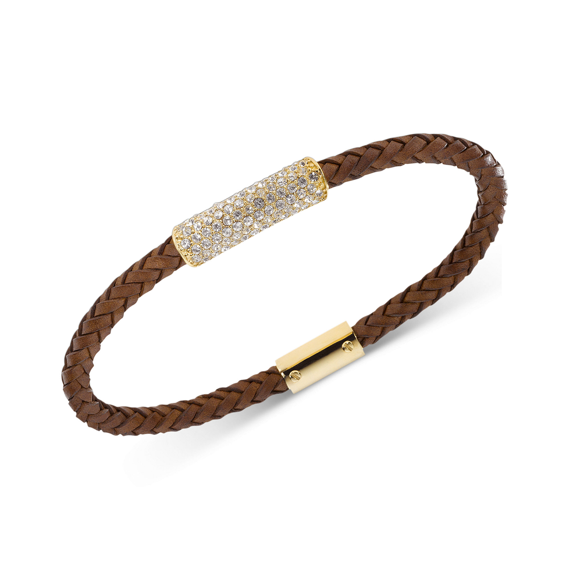 Michael kors Goldtone Brown Braided Leather Crystal Pave Bar Bracelet ...
