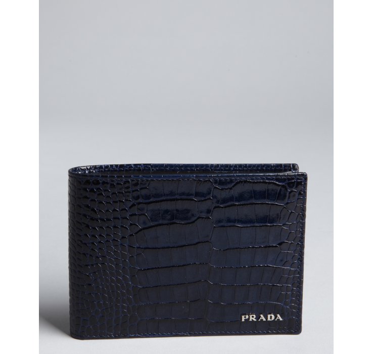 Prada Royal Croc Embossed Patent Leather Bifold Wallet in Blue for ...  