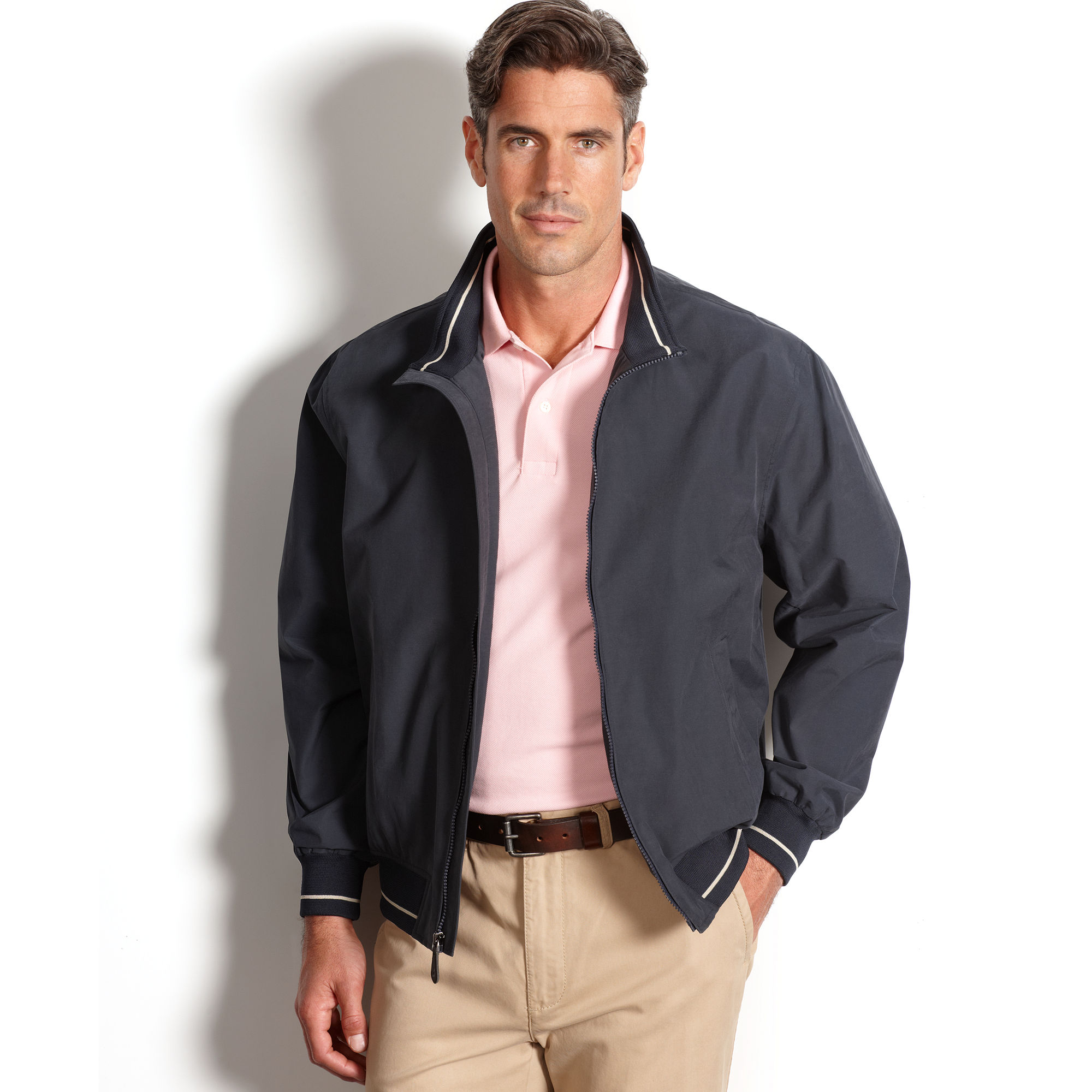 London fog Rochester Nylon Baseball Jacket with Knit Collar and Hem in