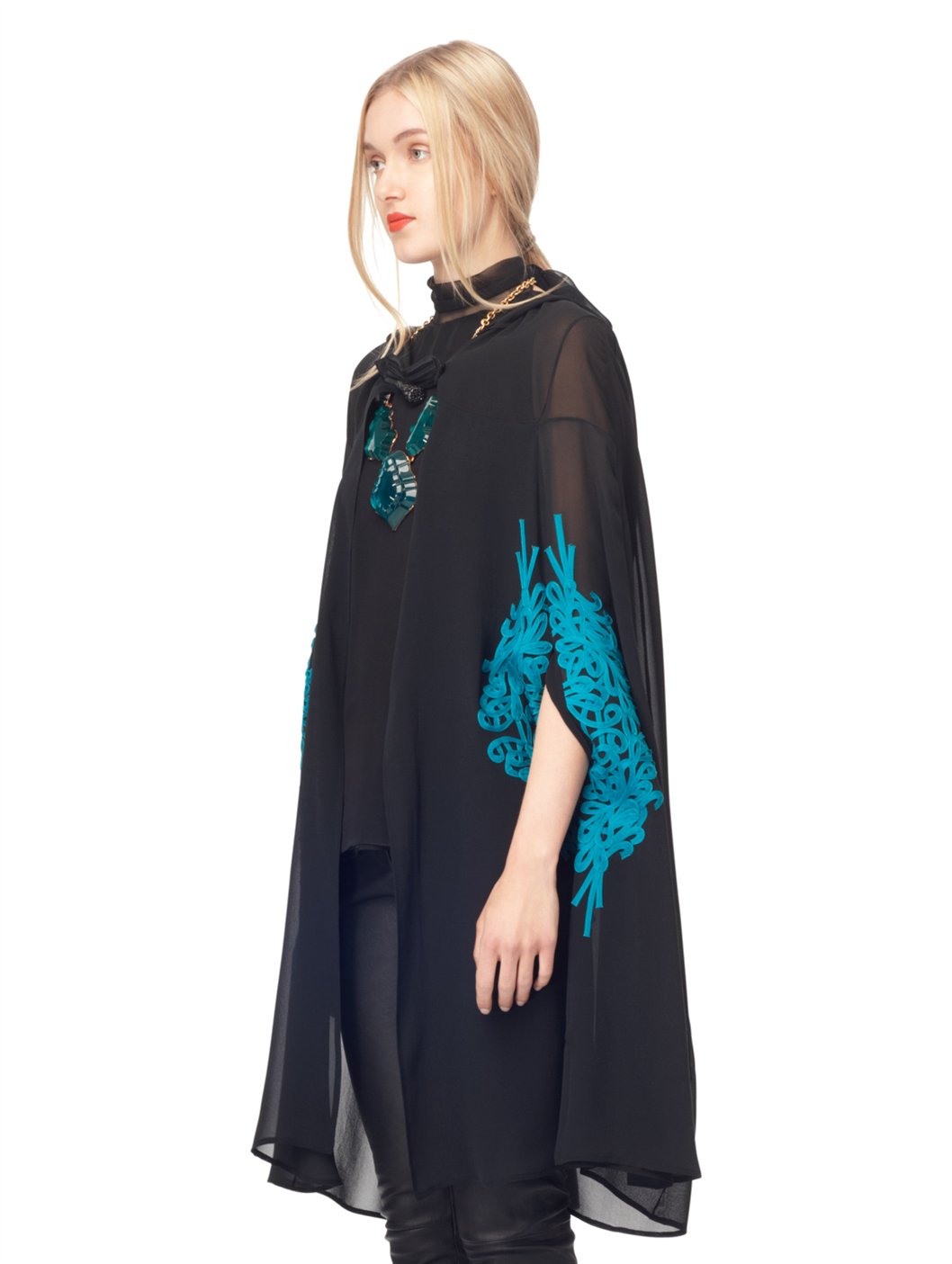 Lyst - Oscar de la renta Long Hooded Embroidered Cape with Toggle in Blue