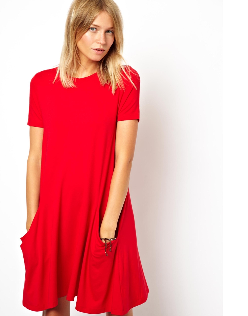 Lyst - Asos Swing Dress with Pockets and Short Sleeves in Red