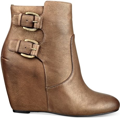 Guess Womens Boots Ulfred Buckle Wedge Booties in Gold (Taupe) | Lyst