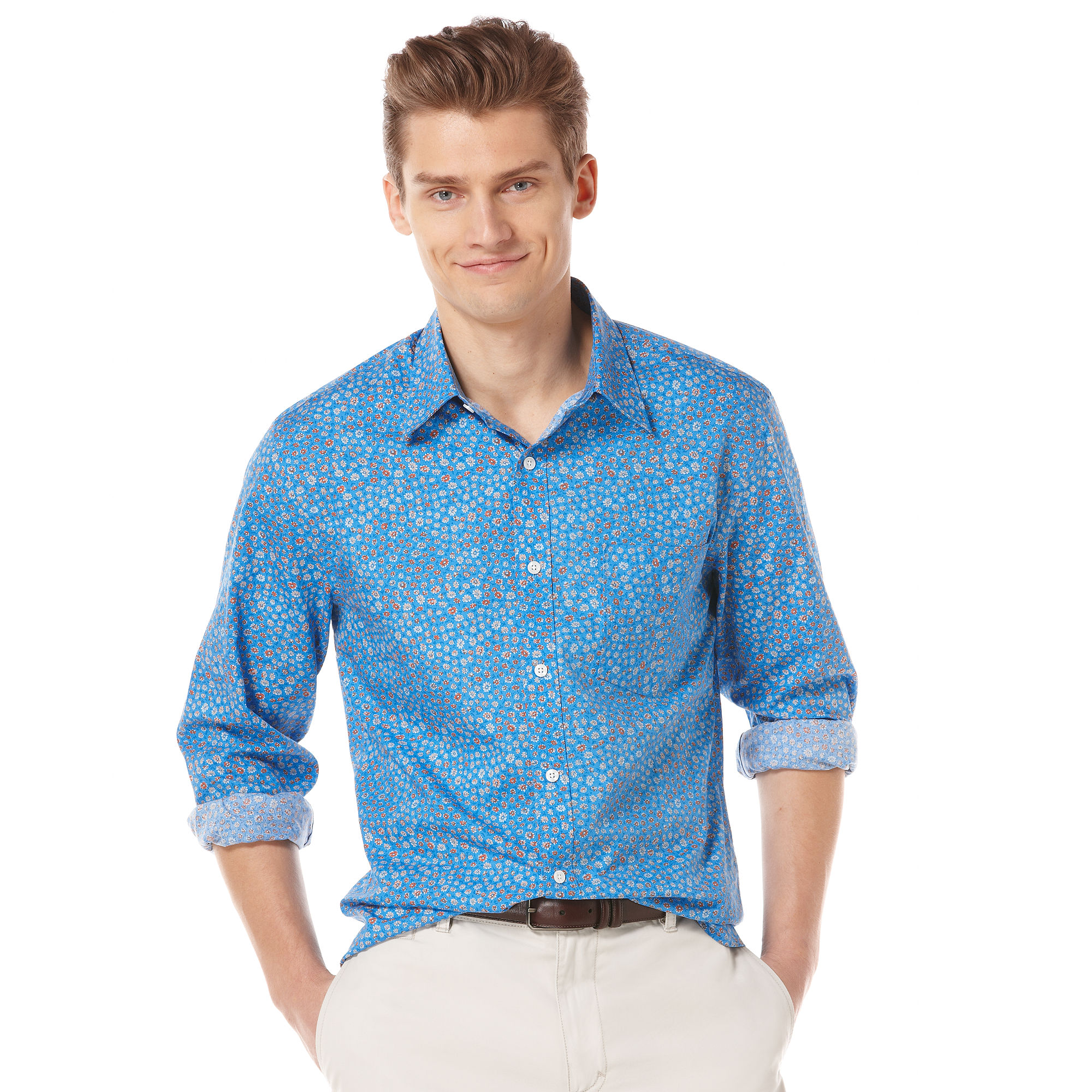 Perry Ellis Long Sleeve Button Front Tiny Floral Printed Shirt in Blue ...