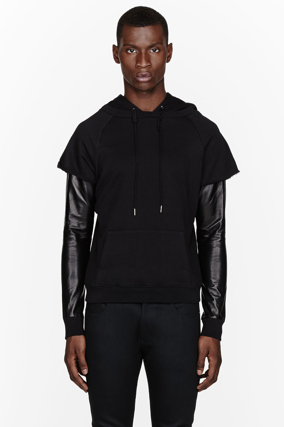 Lyst - Saint Laurent Black Leather and Cotton Layered Hoodie in Black ...