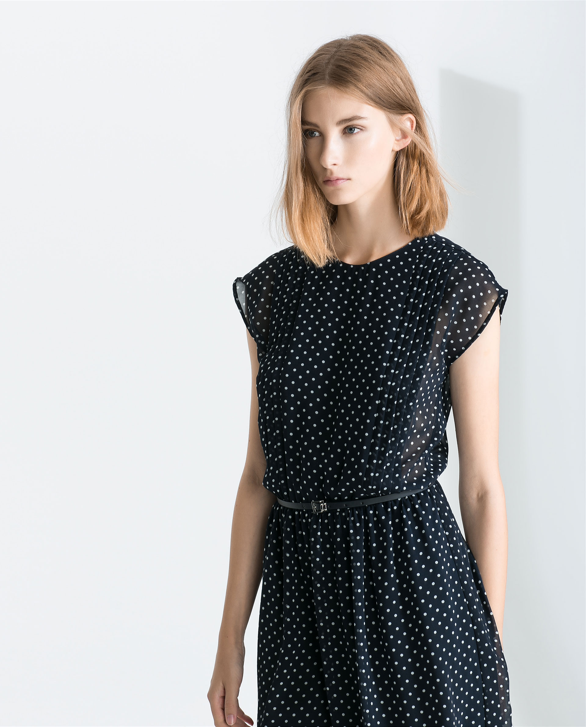 Zara Printed Polkadot Dress with Belt in Blue | Lyst