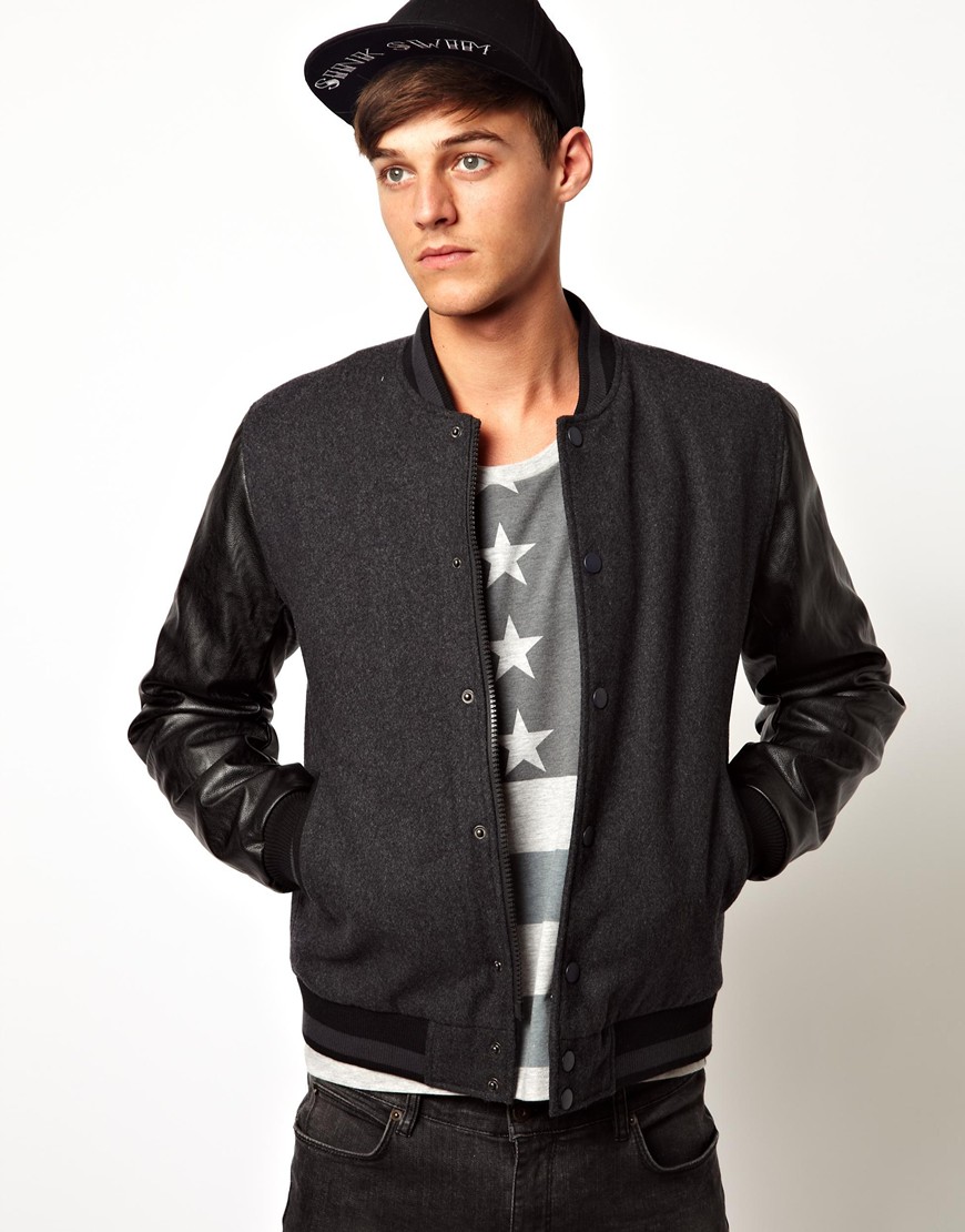 Asos Bomber Jacket with Faux Leather Sleeves in Black for Men | Lyst