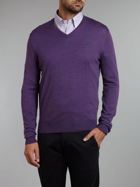 Polo Ralph Lauren Classic Fine Knit Merino Wool V Neck Jumper in Purple ...