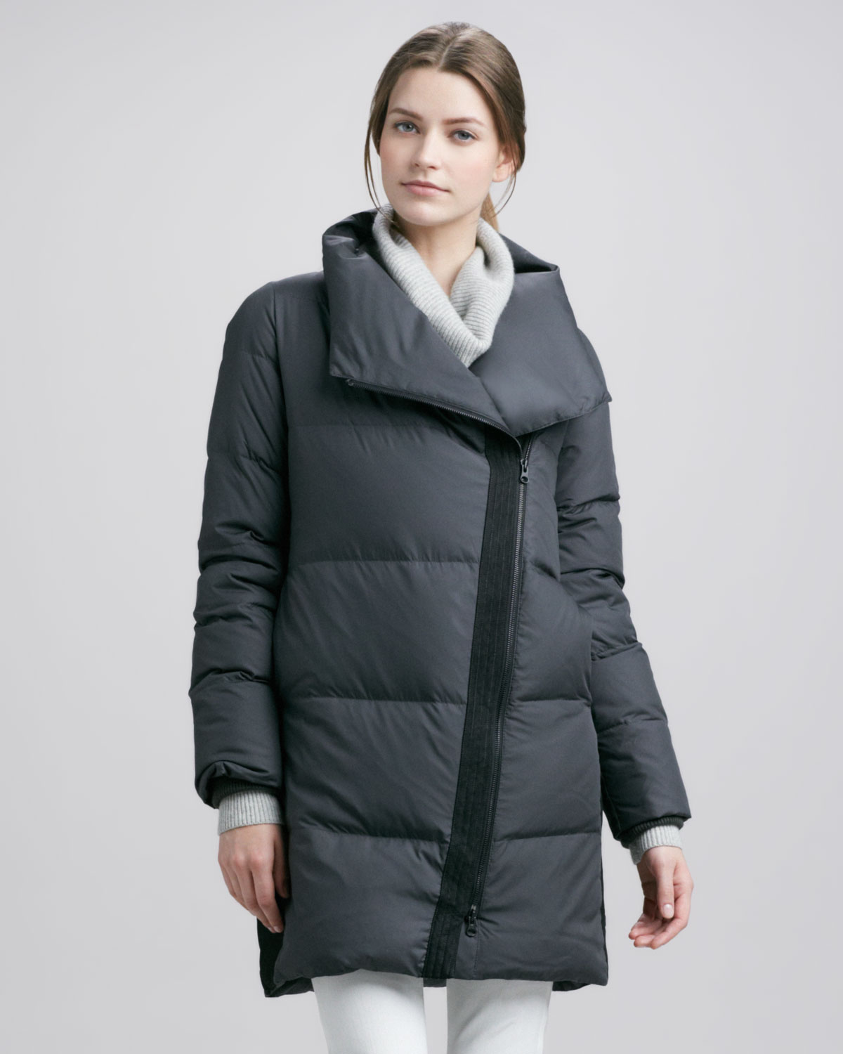 Lyst Vince Asymmetric Puffer Coat With Leather Trim In Gray Gallery