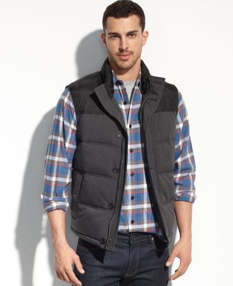 Tommy Hilfiger Mixed Media Puffer Vest in Gray for Men (Brown End on ...