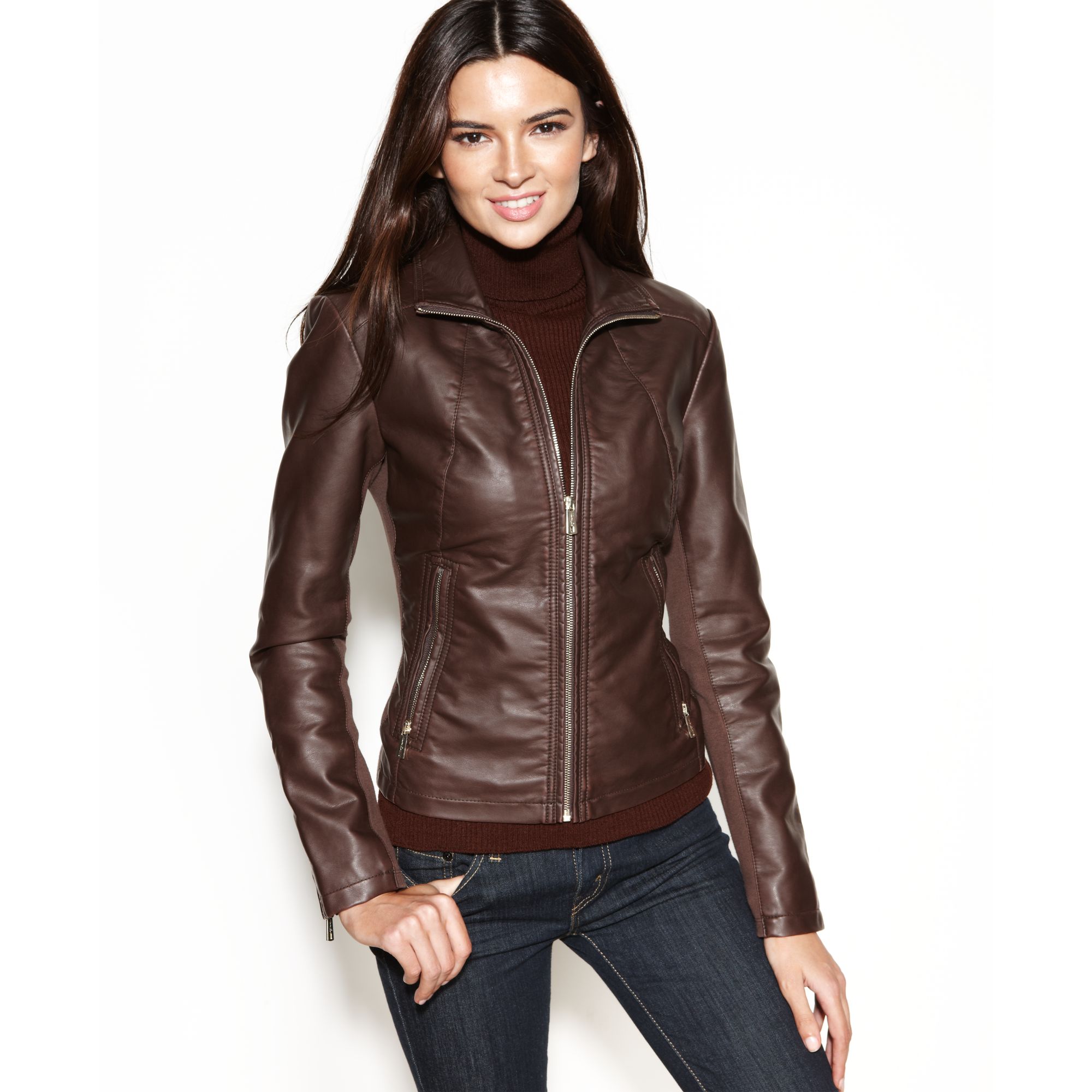 Kenneth Cole Reaction | Brown Faux-leather Zippered-cuff Jacket | Lyst