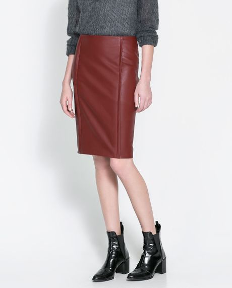Zara Faux Leather Skirt in Red (Maroon) | Lyst