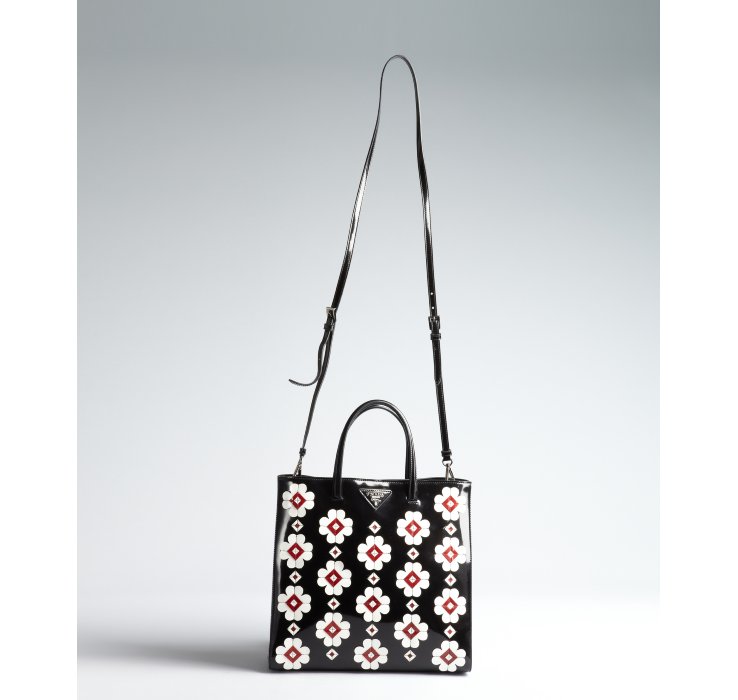 Prada Black Spazzolato Floral Applique Convertible Tote in Black ...