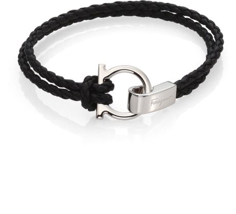 Ferragamo Braided Leather Gancini Bracelet in Silver for Men (BLACK) | Lyst