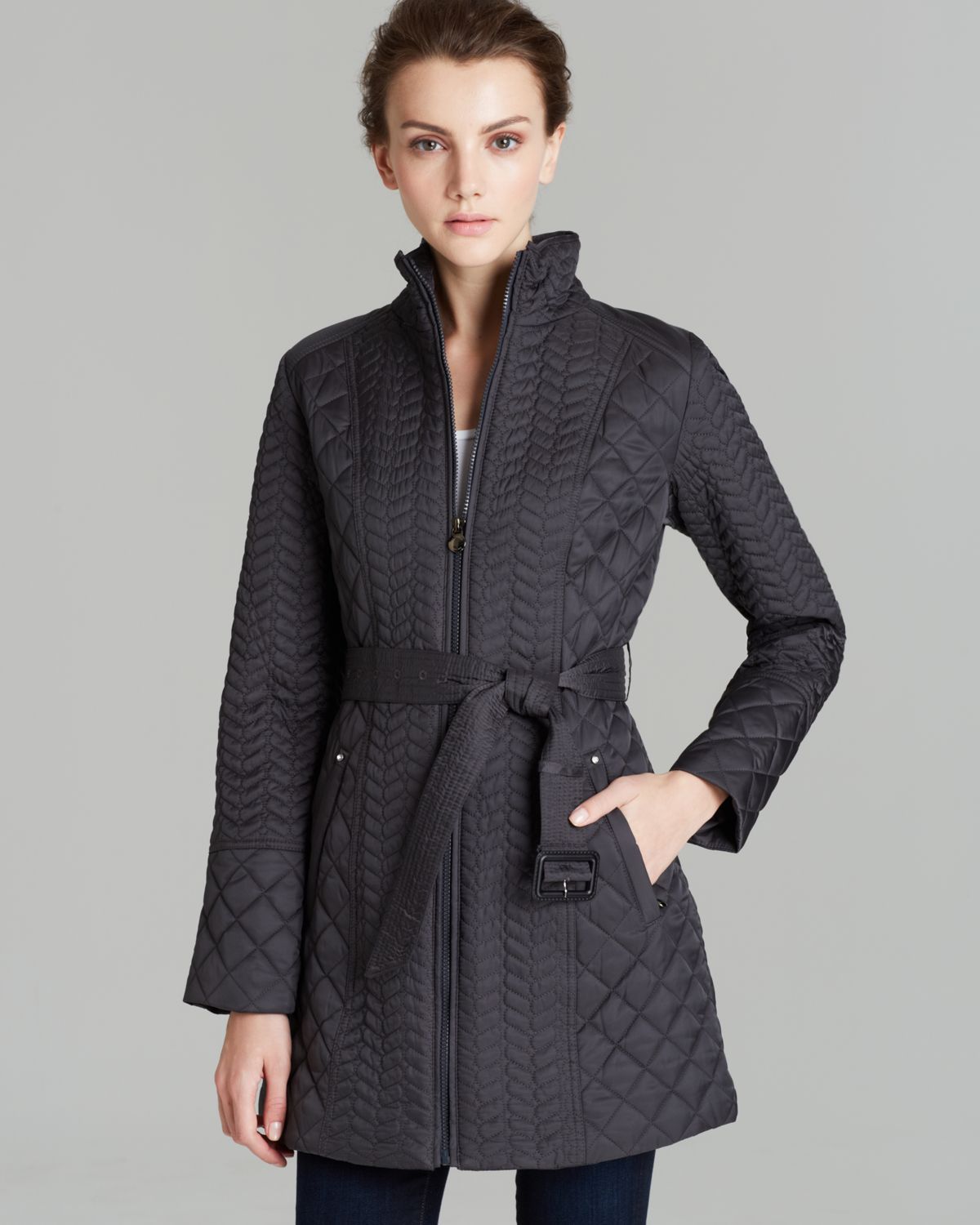 Laundry by shelli segal Rain Coat Quilt Belted in Gray | Lyst