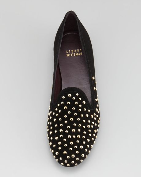 Stuart Weitzman Studon Studded Suede Smoking Slipper Black in Gold ...