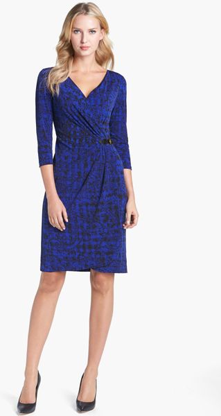 Tahari Print Jersey Faux Wrap Dress in Blue (Royal Blue) | Lyst