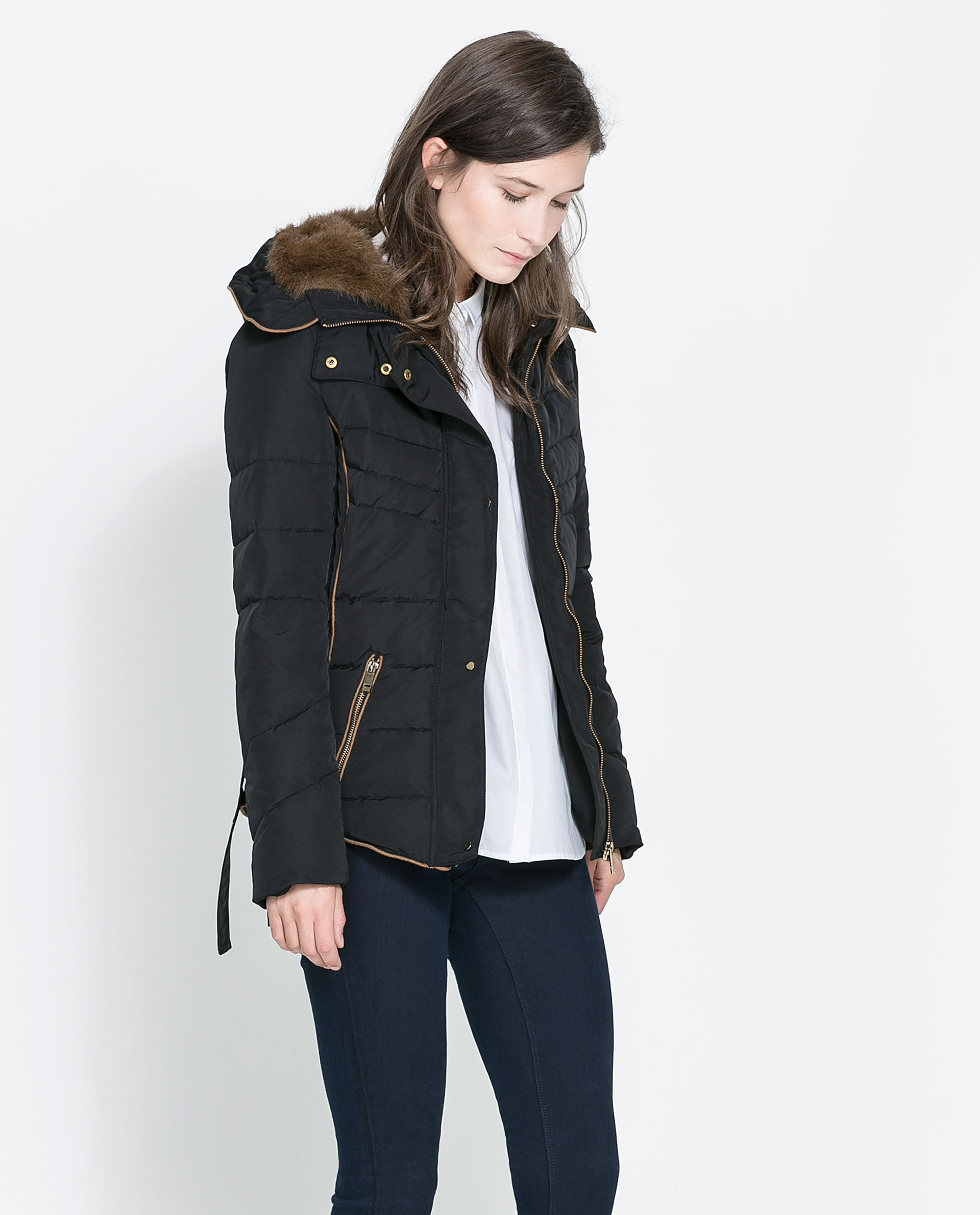  Zara  Short Quilted Jacket  with Hood in Black Lyst