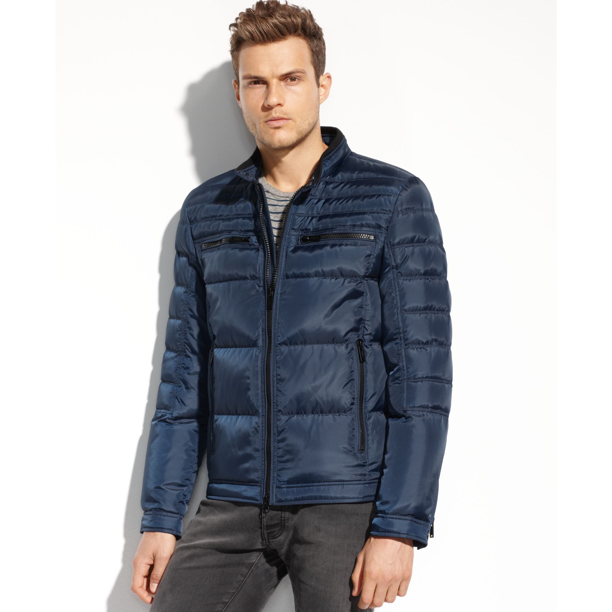 Lyst - Guess Coats Quilted Down Moto Jacket in Blue for Men
