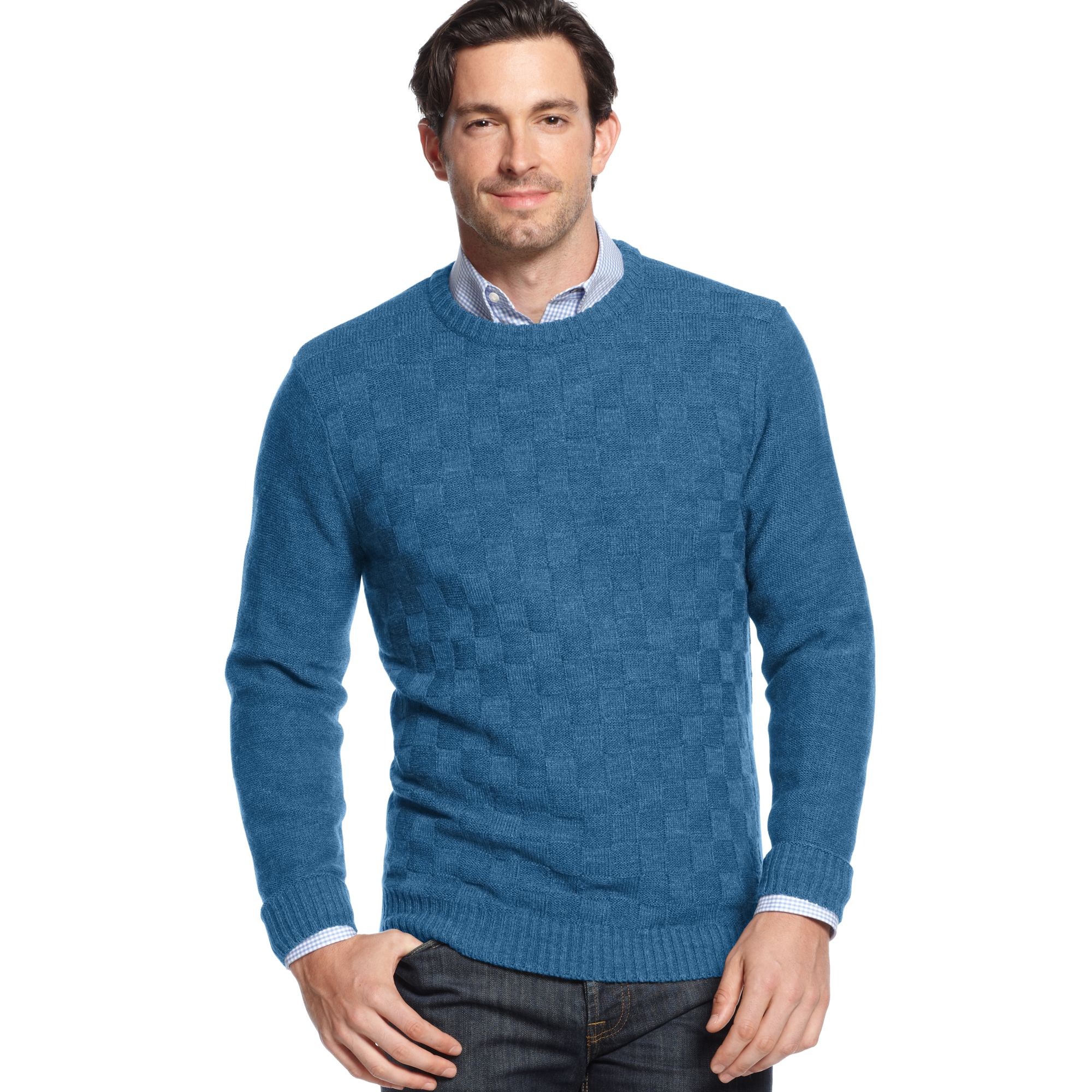 Geoffrey Beene Basketweave Crew Neck Sweater in Blue for Men (Denim ...