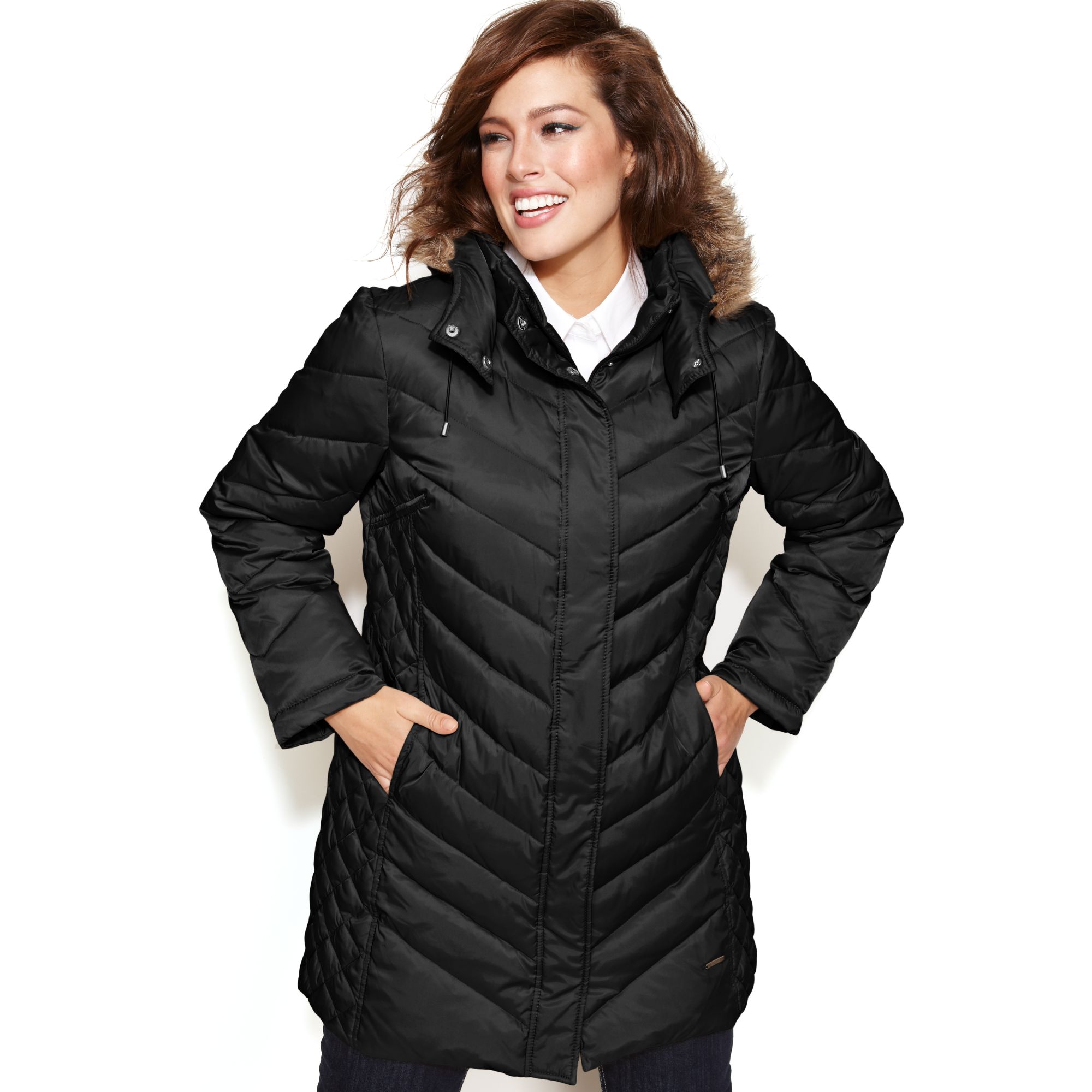 Kenneth cole reaction Hooded Faux fur trim Quilted Puffer in Black | Lyst