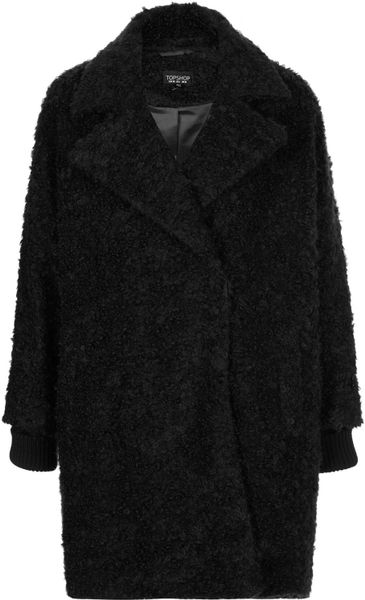 Topshop Teddy Fur Pea Coat in Black | Lyst