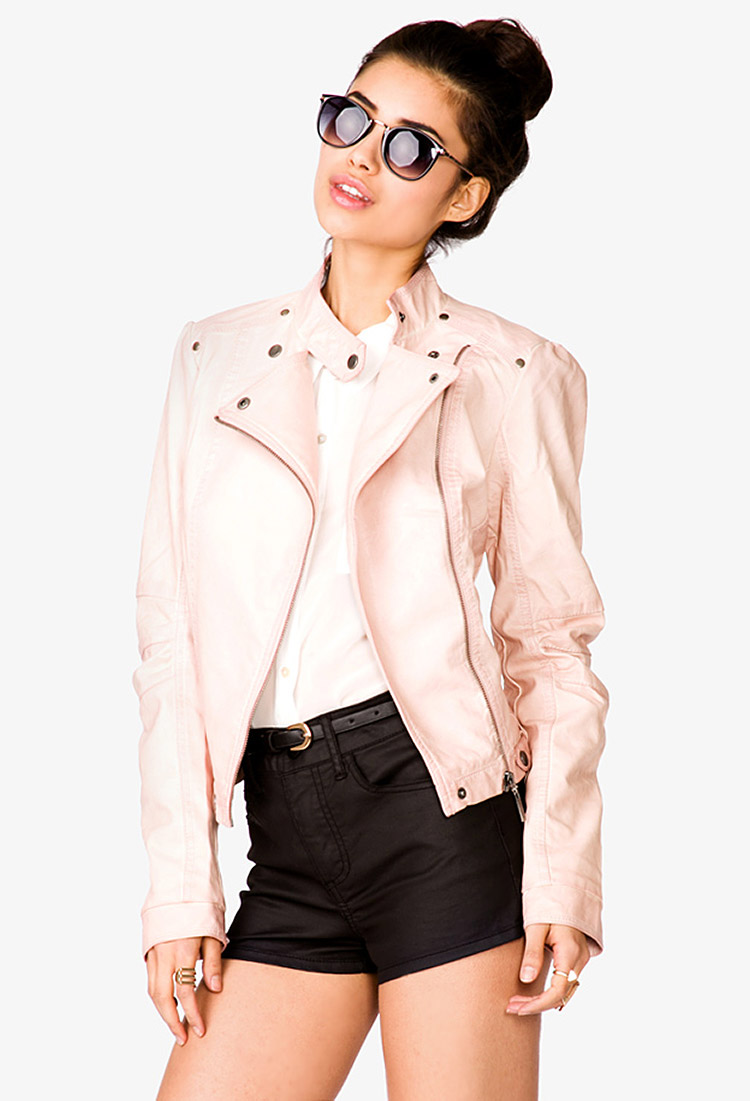 Lyst Forever 21 Zippered Faux Leather Moto Jacket In Pink