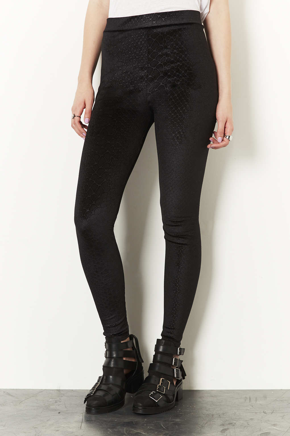 Lyst Textured Velvet Croc Leggings in Black