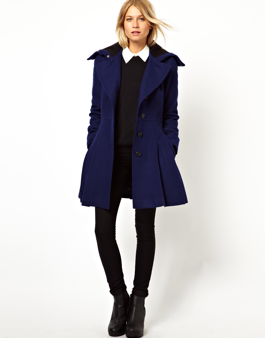 Lyst - Asos Skater Coat With Rib Collar in Blue