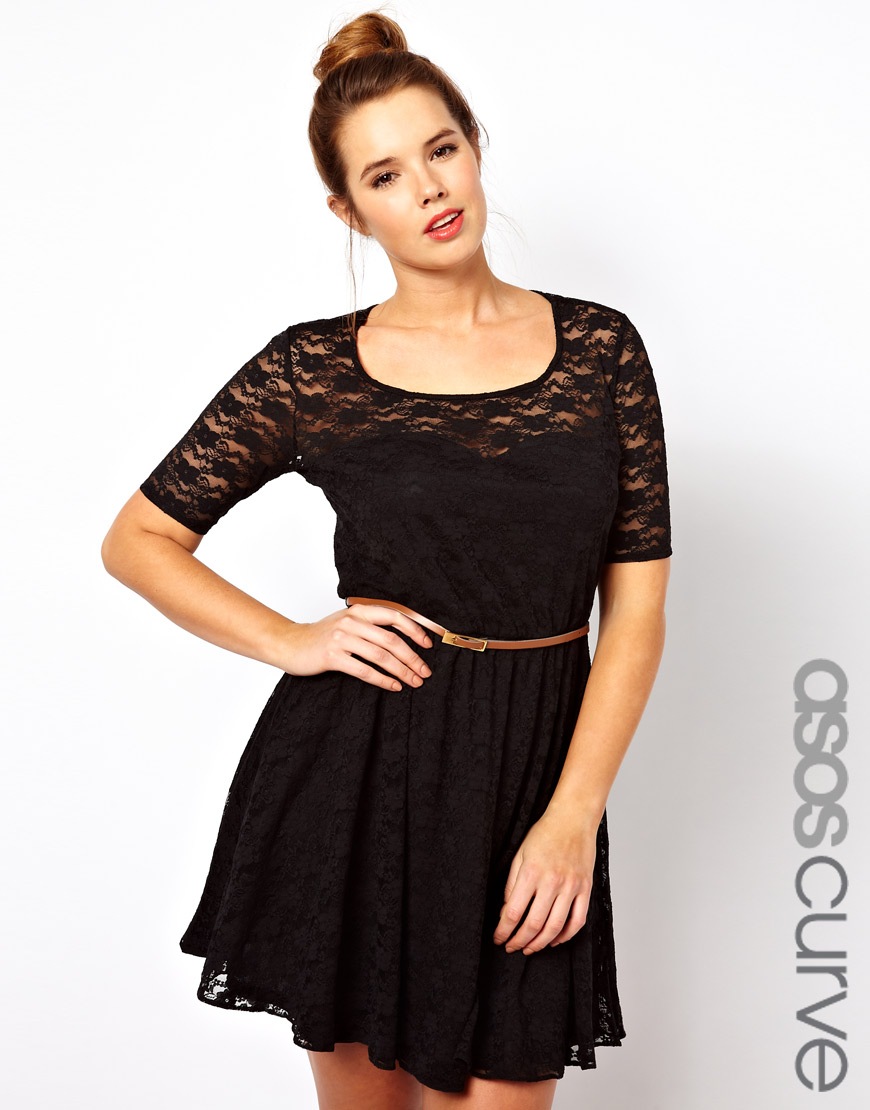 Lyst - Asos Curve Lace Skater Dress with Belt and 34 Sleeve in Black