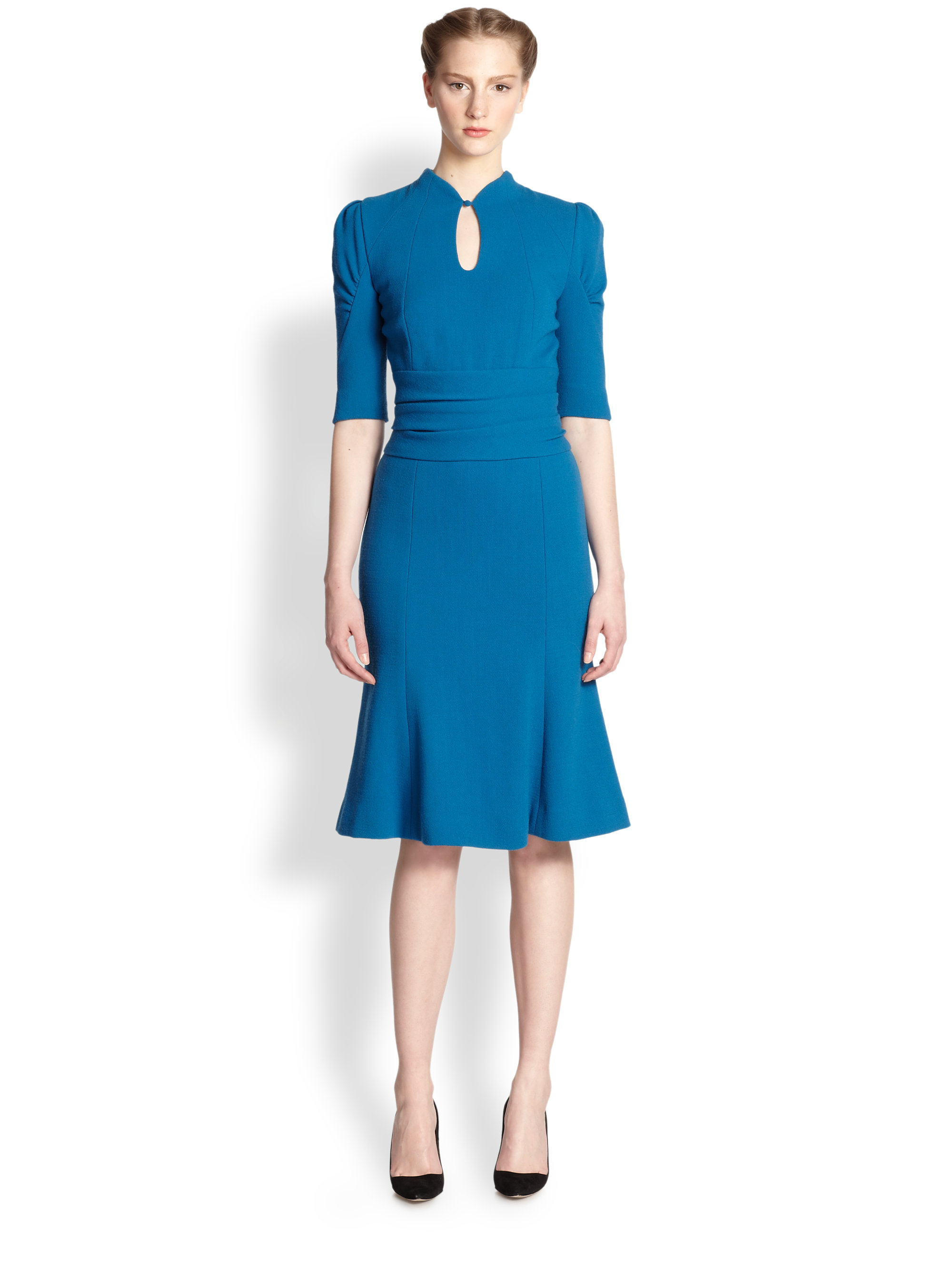 Lyst - Carolina Herrera Wool Crepe Keyhole Dress in Blue