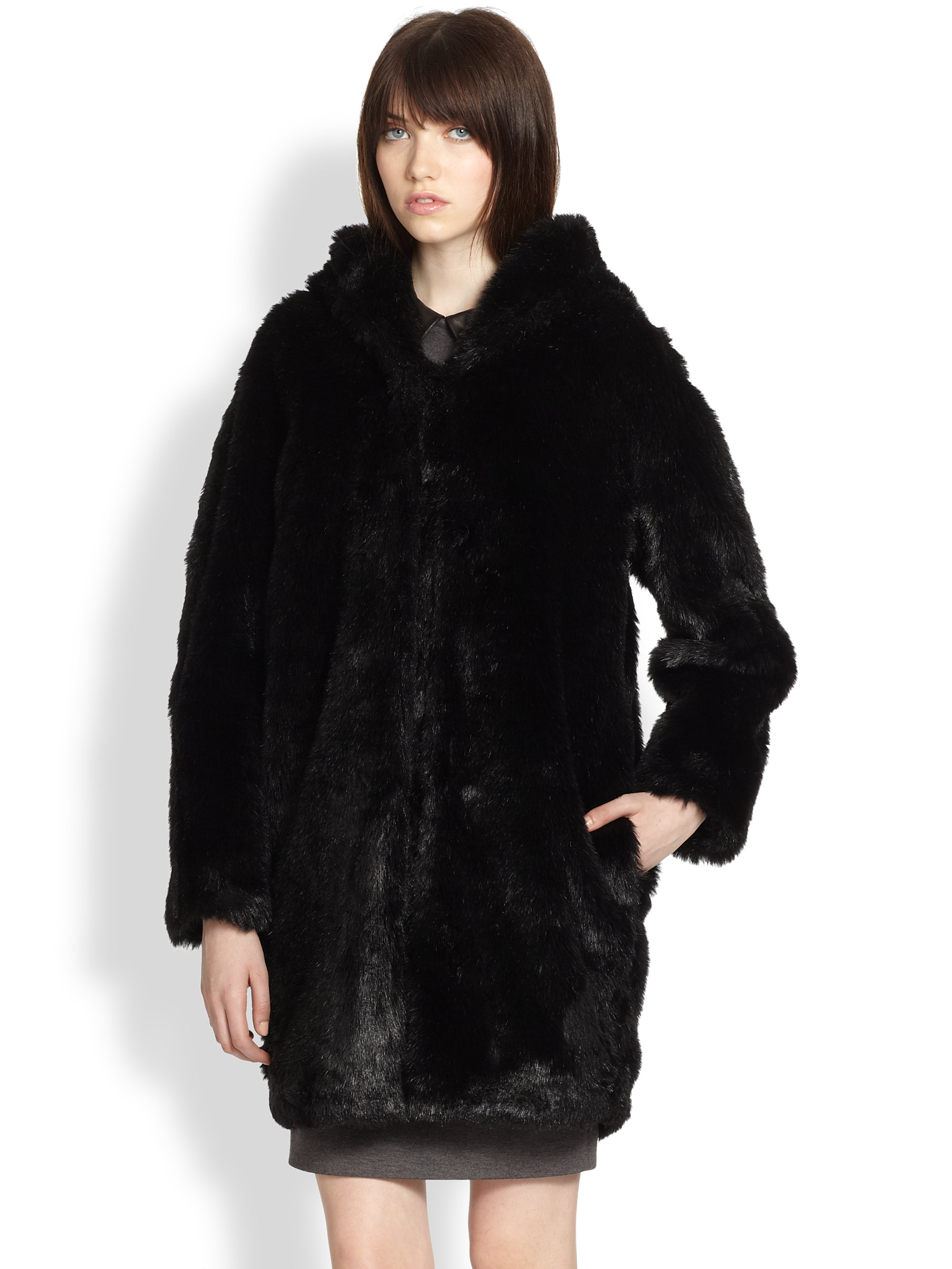 Lyst - Thakoon Addition Hooded Faux Fur Coat in Black