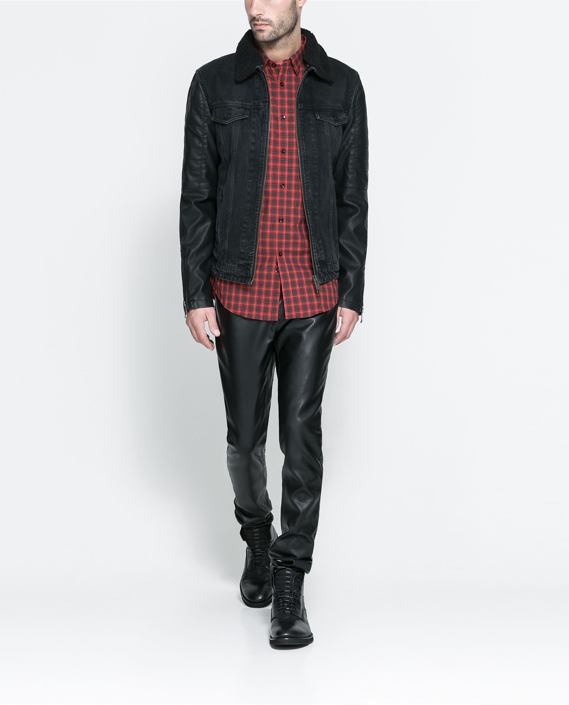 Zara Denim Jacket with Faux Leather Sleeves in Black for Men Lyst